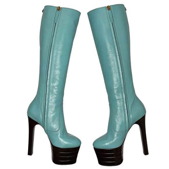 Gucci Aquamarine Teal Angel Feline Head Platform Knee High Zip Up Boot EU 36.5 - Picture 3 of 14